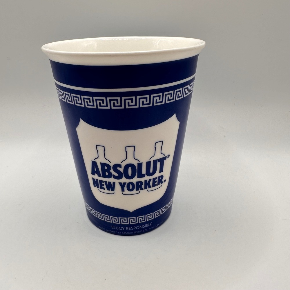 Absolut New Yorker Ceramic Tumbler Blue White Greek Key Coffee Cup Design 4.75in